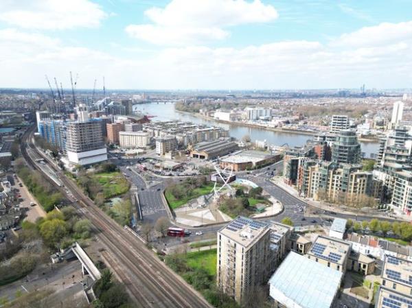 Wandsworth southwest London river Thames in background UK Drone, Aerial,