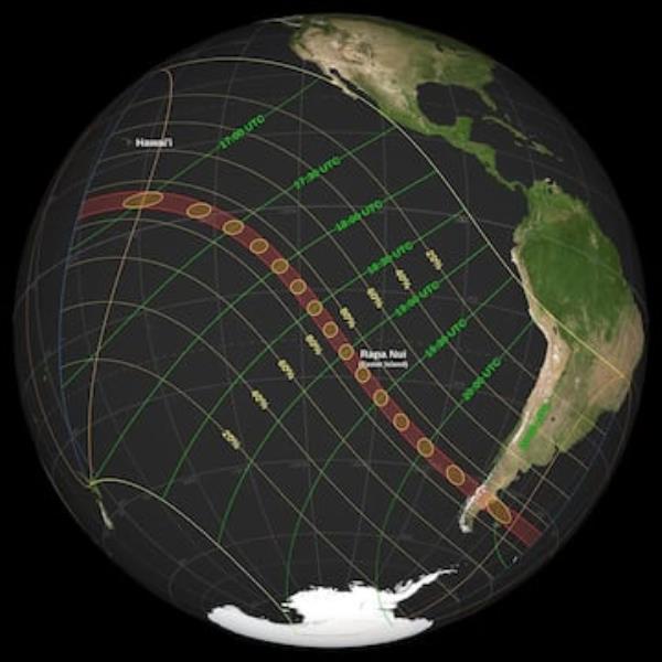 Path of the annular solar eclipse on October 2 that will cross the Pacific Ocean and parts of southern Chile and Argentina