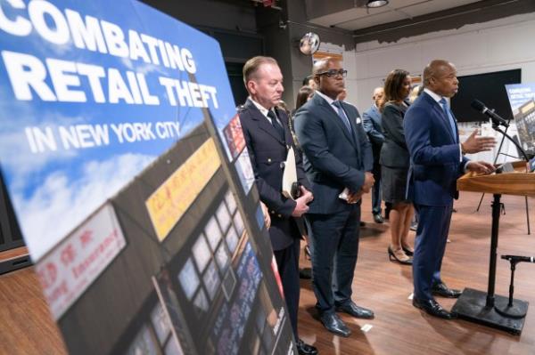 Mayor Adams speaks during a press conference on efforts to reduce shoplifting on May 17, 2023. (Barry Williams for New York Daily News)