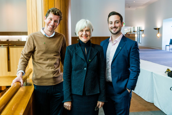 Max Chandler-Mather, Elizabeth Watson-Brown and Stephen Bates, the three new Greens elected in Brisbane in the 2022 election.