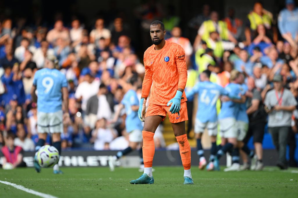 Robert Sanchez of Chelsealooks dejected after Mateo Kovacic of Manchester City (not pictured) scores his team's second goal during the Premier League match between Chelsea FC and Manchester City FC