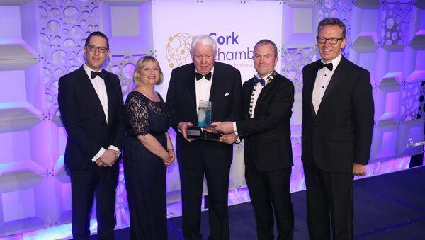 Frank Boland receives Outstanding Contribution to Business Award 2018 at Cork Chamber's Dublin Dinner held in association with EY. From left, Conor Healy, Cork Chamber; Paula Cogan, Cork Chamber vice -president; Frank Boland; Bill O’Connell, Cork Chamber president; John Higgins, managing partner EY Cork. Picture: Finbarr O'Rourke