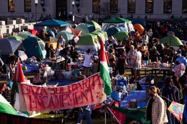 Pro-Palestinian demonstrators gather at an encampment on the lawn of Columbia University on Monday, April 22, 2024 in New York.