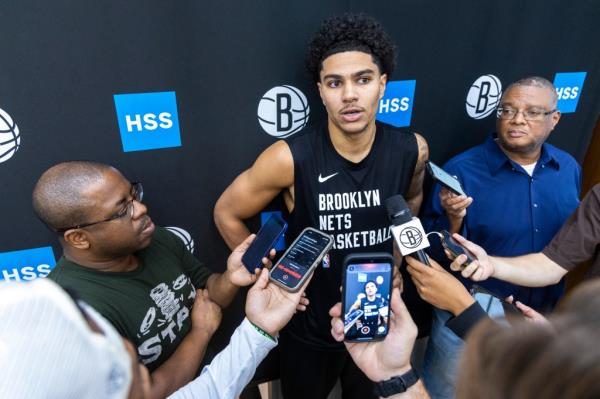 Nets' Killian Hayes talks with reporters on Oct. 1, 2024.