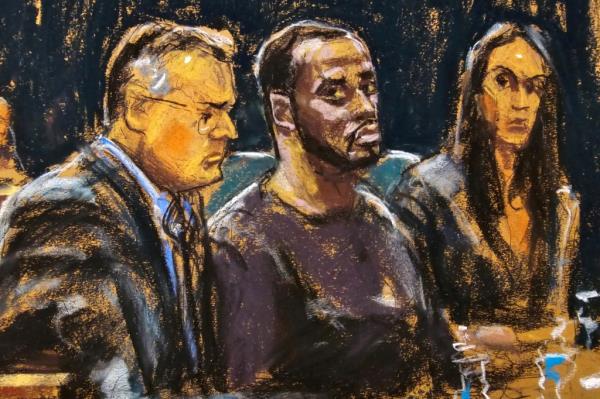 Sean "Diddy" Combs and his defense lawyers Marc Agnifilo and Teny Geragos are seated during a bail hearing in federal court in the Manhattan borough of New York City, U.S., September 18, 2024.