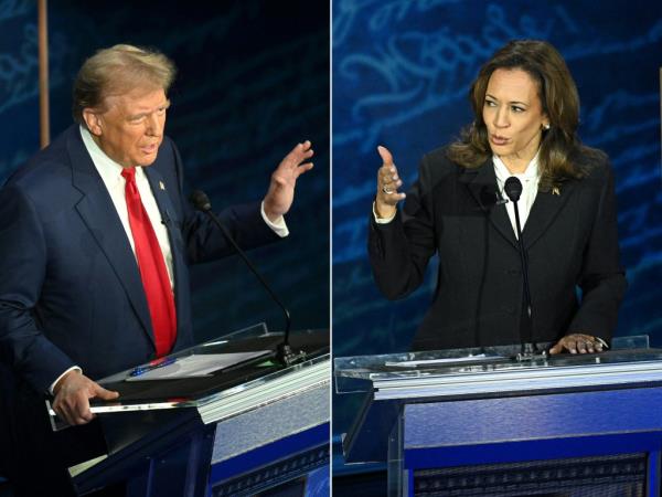 This combination of pictures created on September 10, 2024 shows former US President and Republican presidential candidate Donald Trump (L) and US Vice President and Democratic presidential candidate Kamala Harris  participating in a presidential debate.